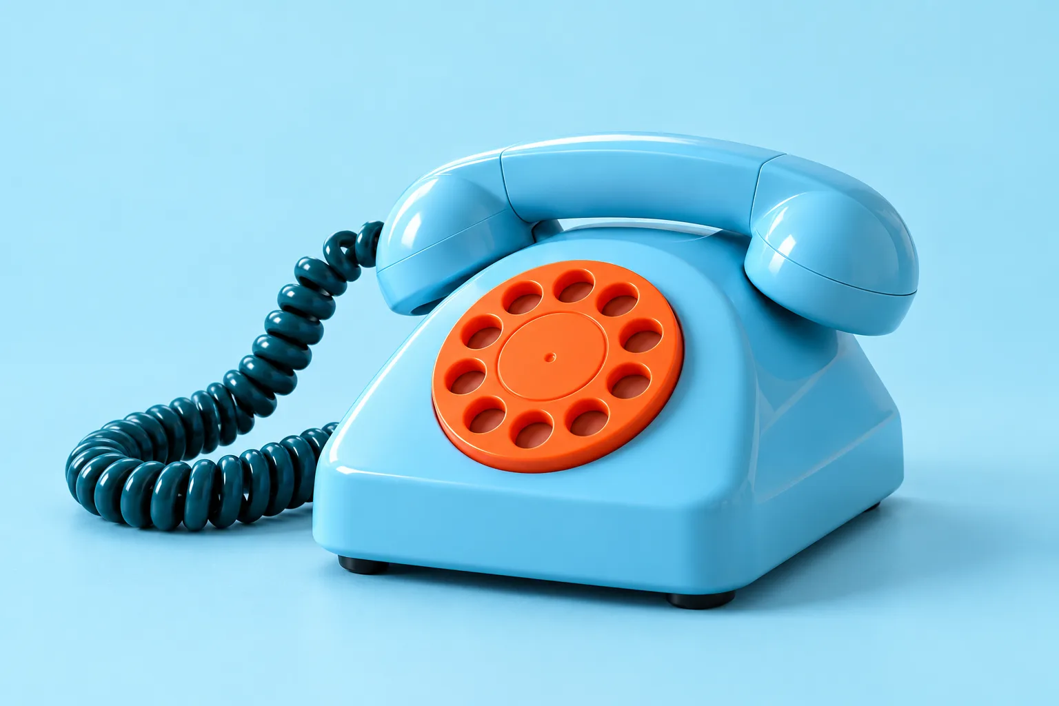 Sky-blue TokBox with an orange rotary dial and a thick teal curly cord